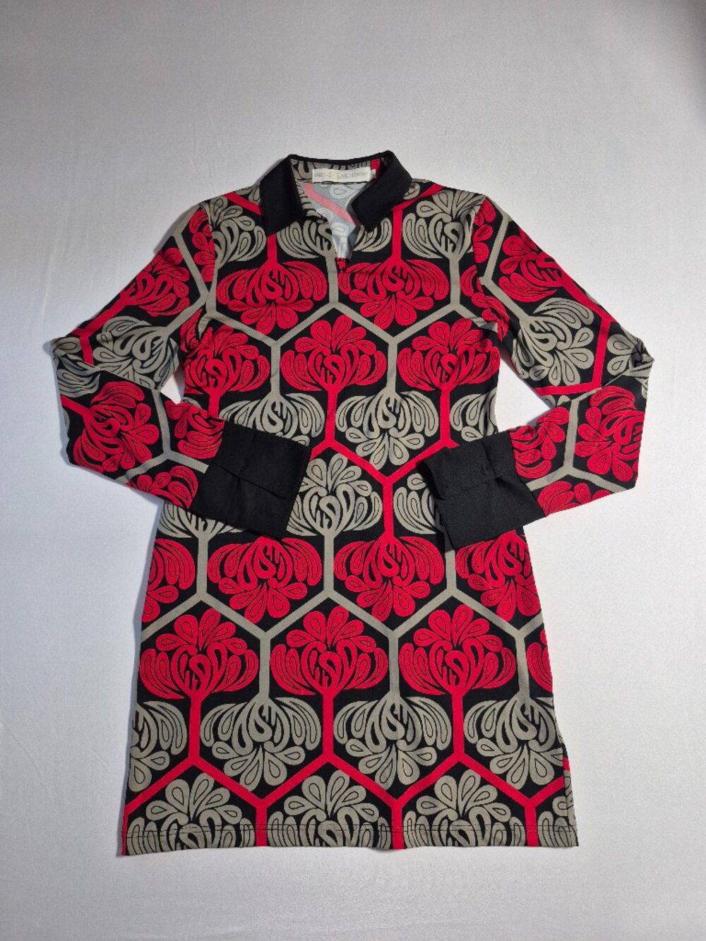 Tracy Negoshian Printed Shift Dress Women Retro Red Black Gray Long Sleeve Sz L